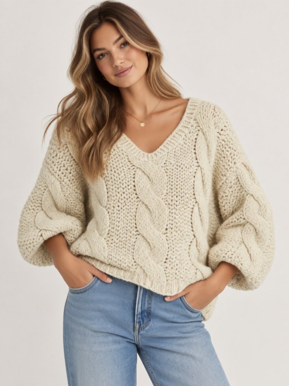 Anthropologie POL Cream Chunky Knit Oversized Sweater size L